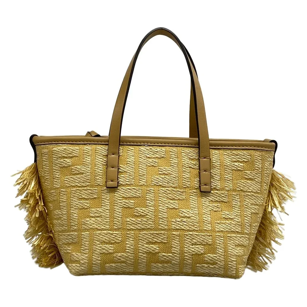 Fendi Zucca Print, Roll Mini Handbag 8BS096 Straw Canvas Leather